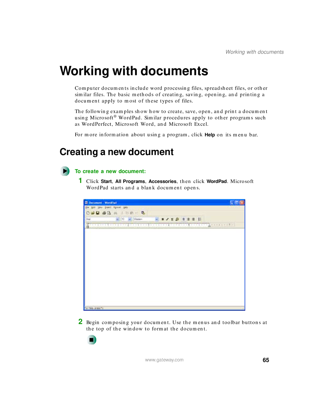 Gateway 450 manual Working with documents, Creating a new document, To create a new document 