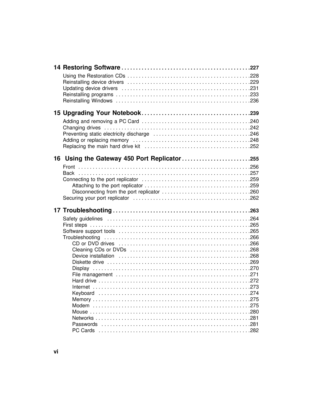 Gateway manual Restoring Software, Upgrading Your Notebook, Using the Gateway 450 Port Replicator, Troubleshooting 
