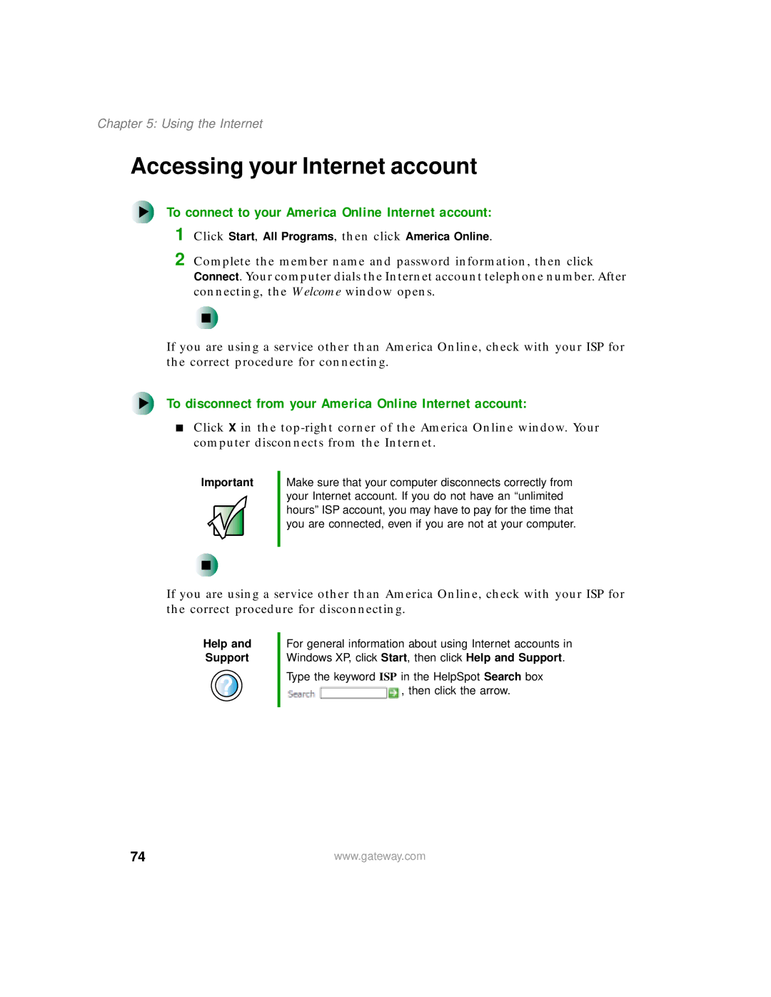 Gateway 450 manual Accessing your Internet account, To connect to your America Online Internet account 