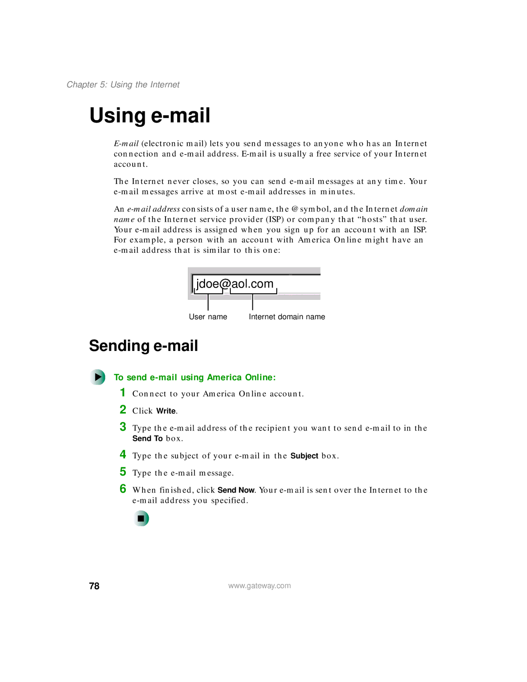 Gateway 450 manual Using e-mail, Sending e-mail, To send e-mail using America Online 