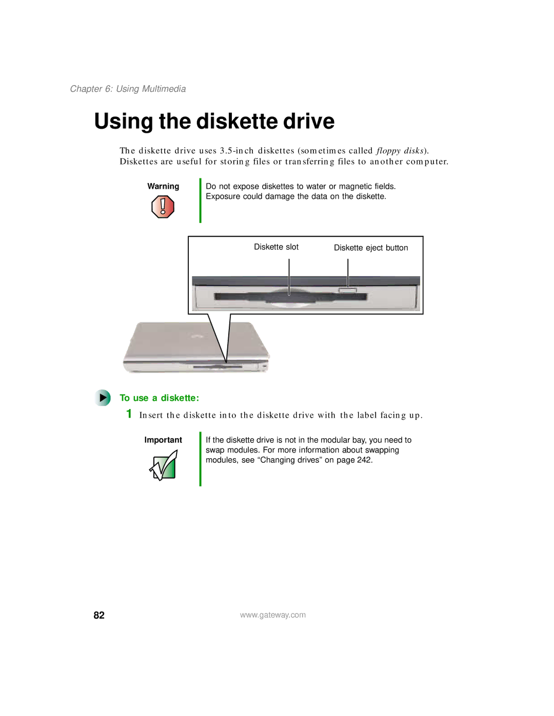 Gateway 450 manual Using the diskette drive, To use a diskette, Using Multimedia 