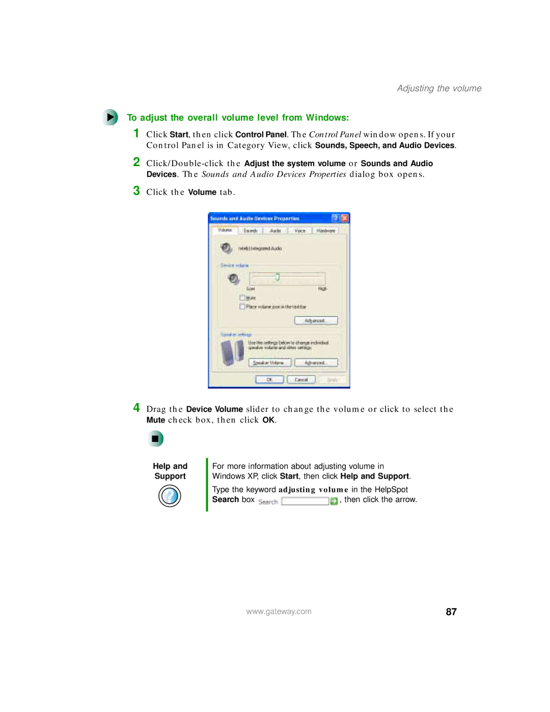 Gateway 450 manual To adjust the overall volume level from Windows, Adjusting the volume 