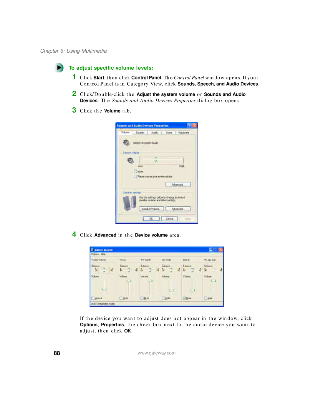 Gateway 450 manual To adjust specific volume levels 