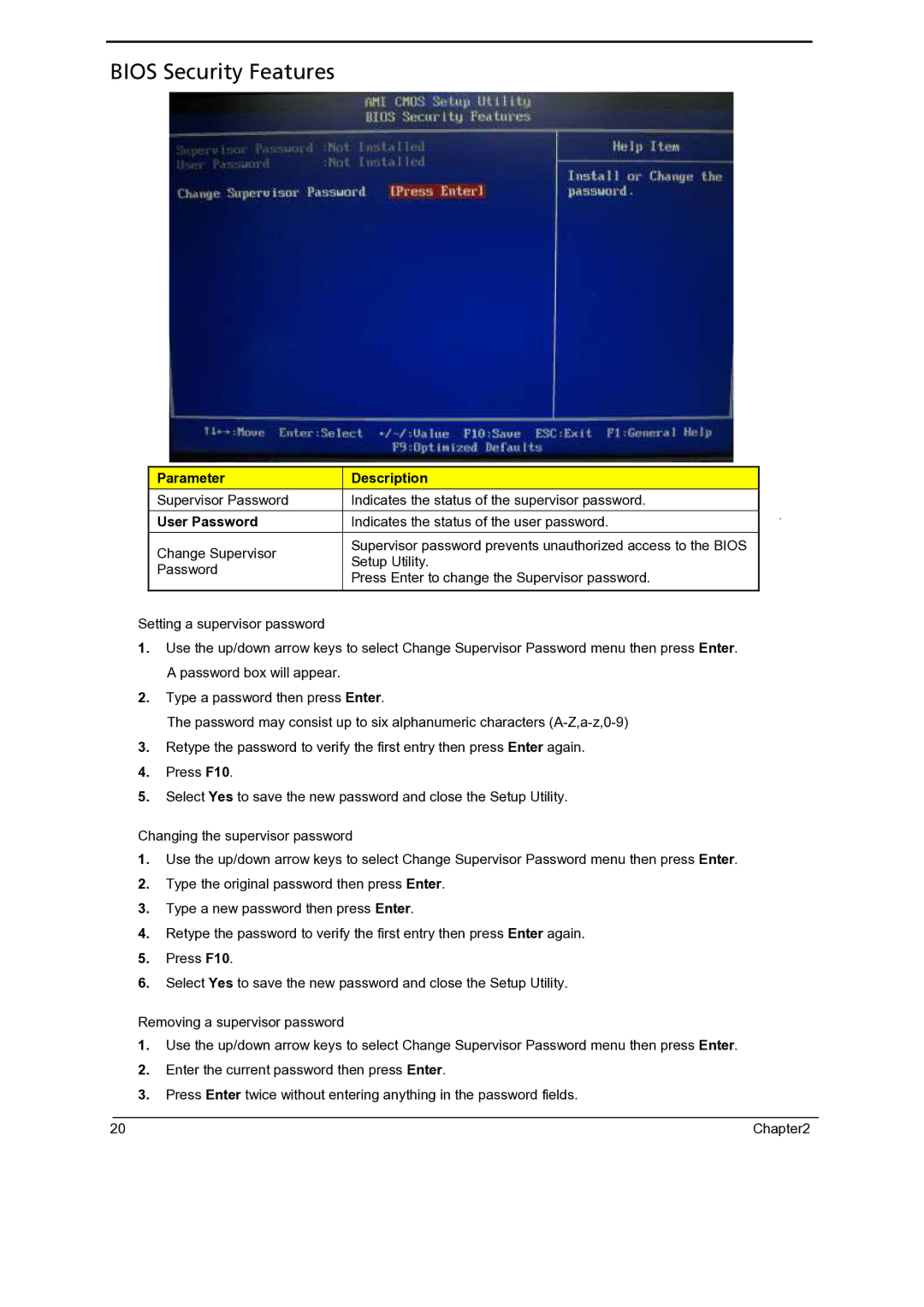 Gateway 5860 manual Bios Security Features, User Password 