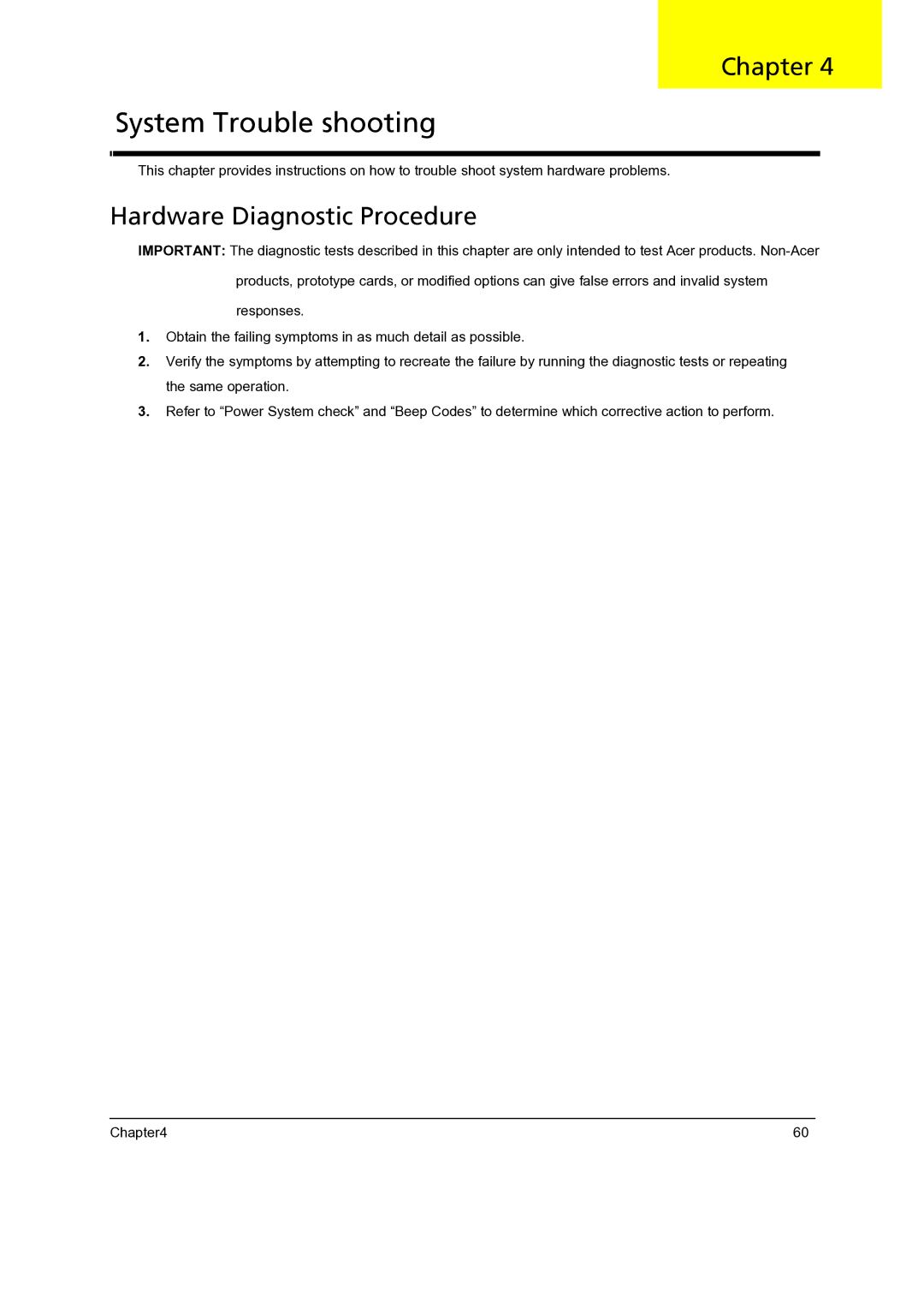 Gateway 5860 manual System Trouble shooting, Hardware Diagnostic Procedure 