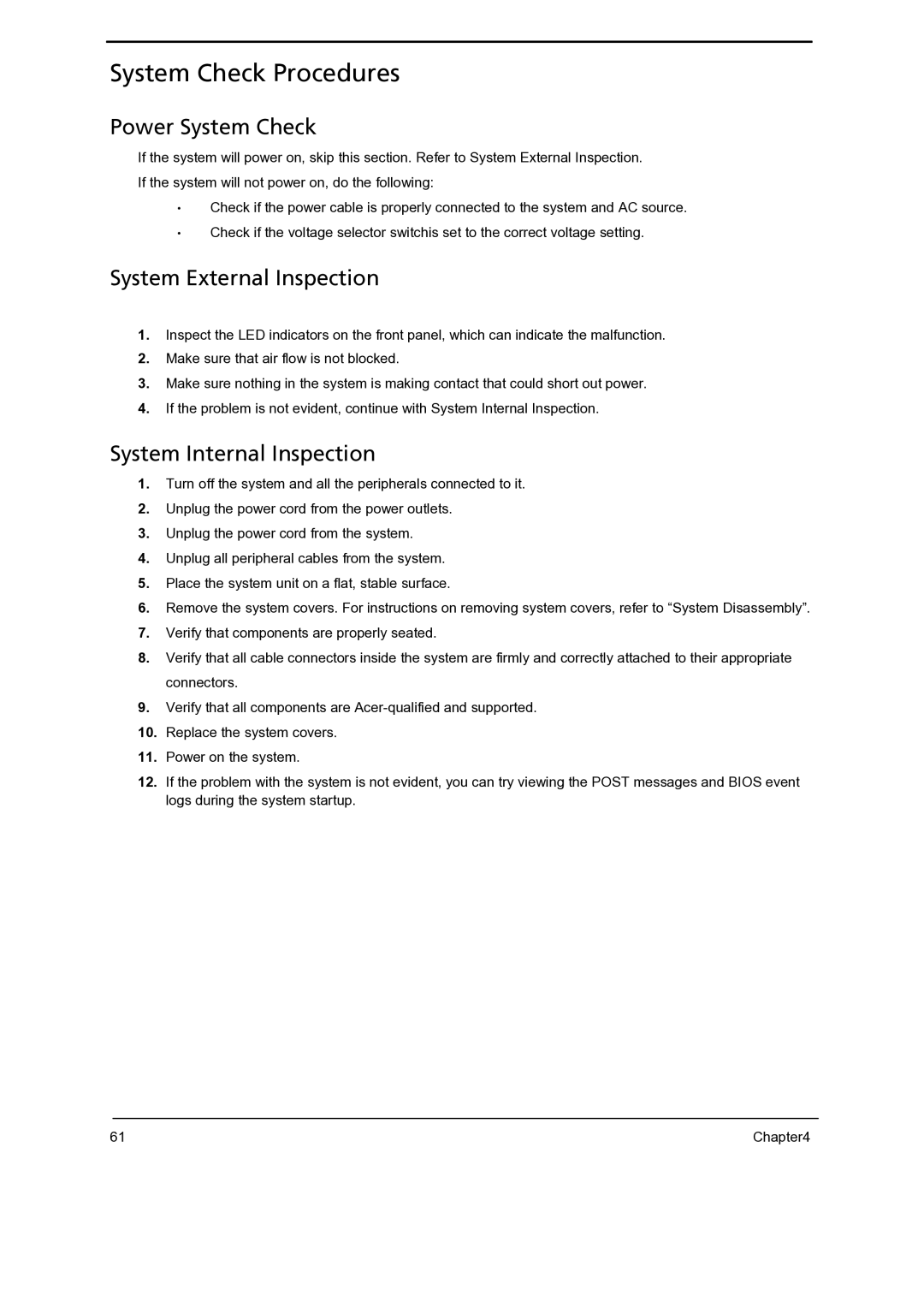 Gateway 5860 manual System Check Procedures, Power System Check, System External Inspection, System Internal Inspection 