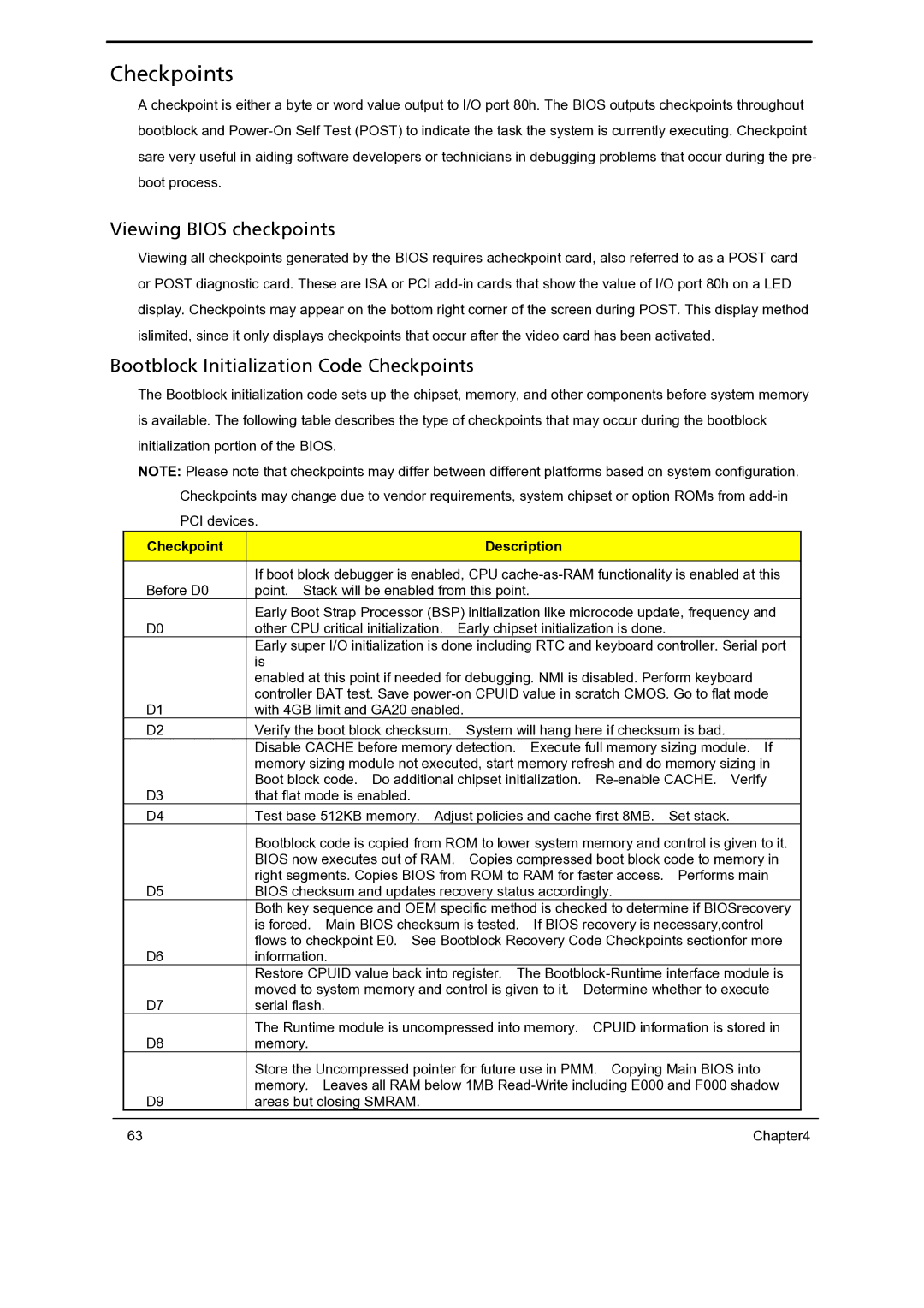 Gateway 5860 manual Viewing Bios checkpoints, Bootblock Initialization Code Checkpoints 