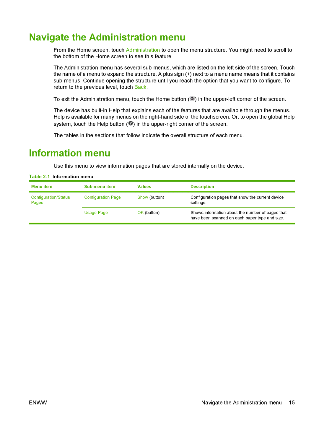 Gateway 9250C manual Navigate the Administration menu, Information menu, Menu item Sub-menu item Values Description 