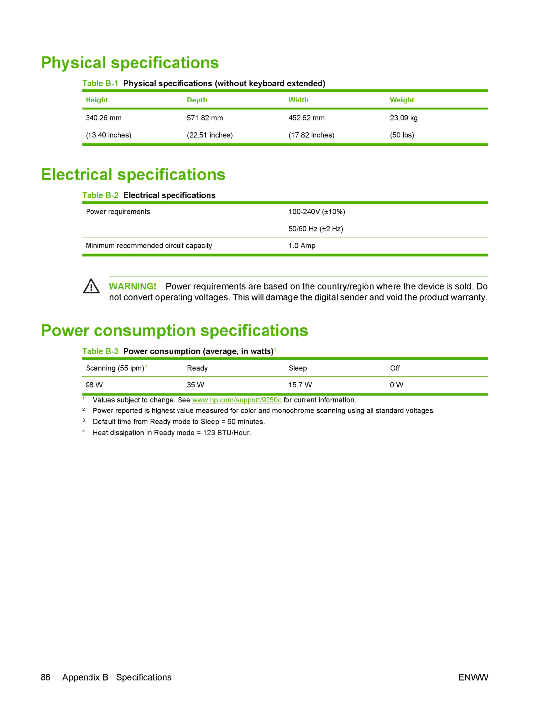 Gateway 9250C manual Physical specifications, Electrical specifications, Power consumption specifications 