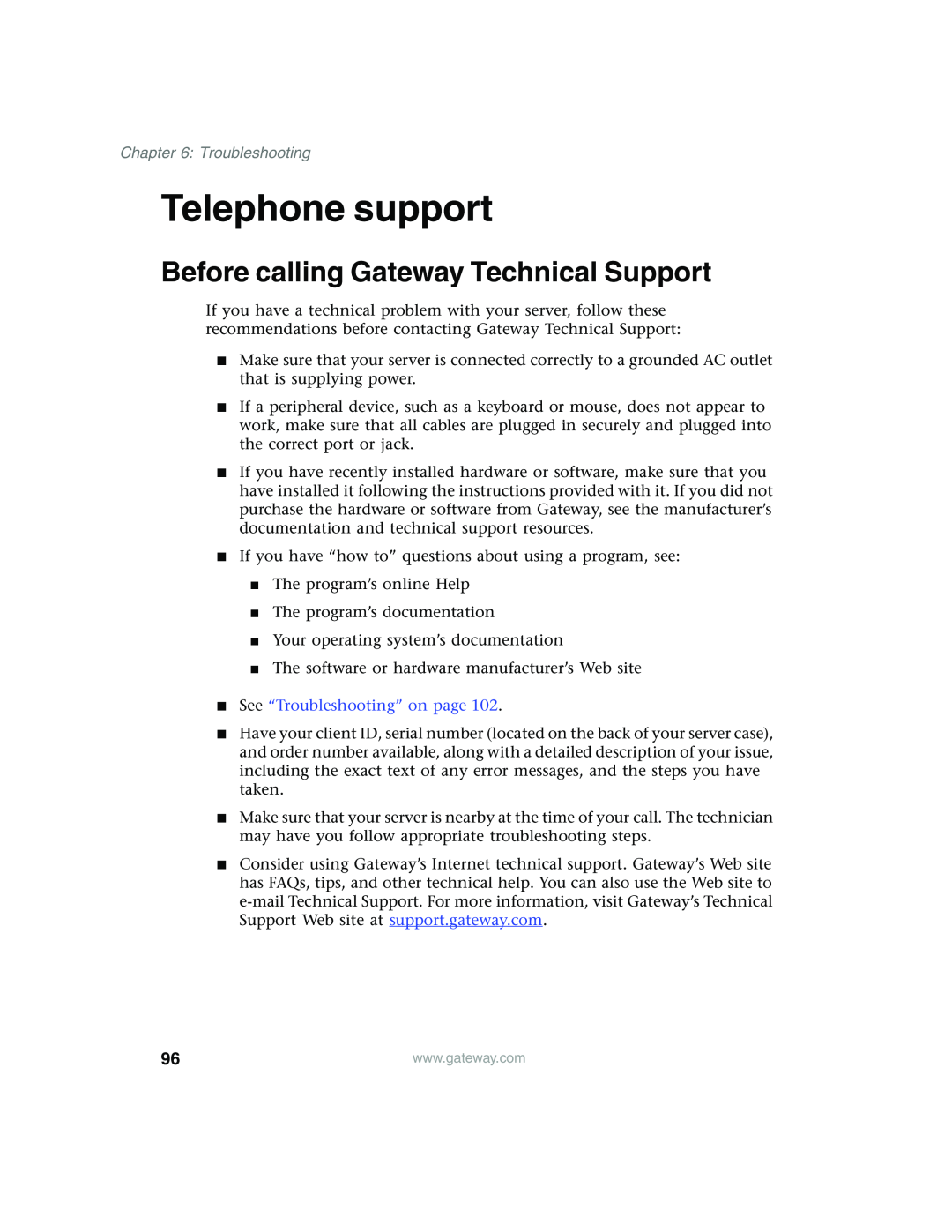 Gateway 955 manual Telephone support, Before calling Gateway Technical Support, See “Troubleshooting” on page 