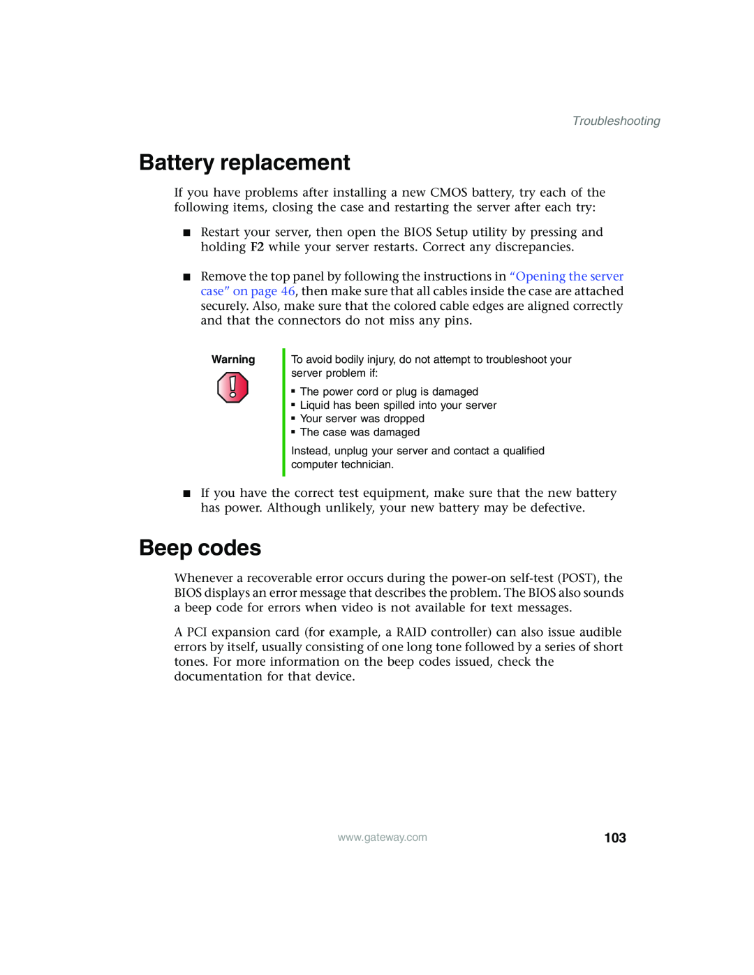 Gateway 955 manual Battery replacement, Beep codes, Troubleshooting 