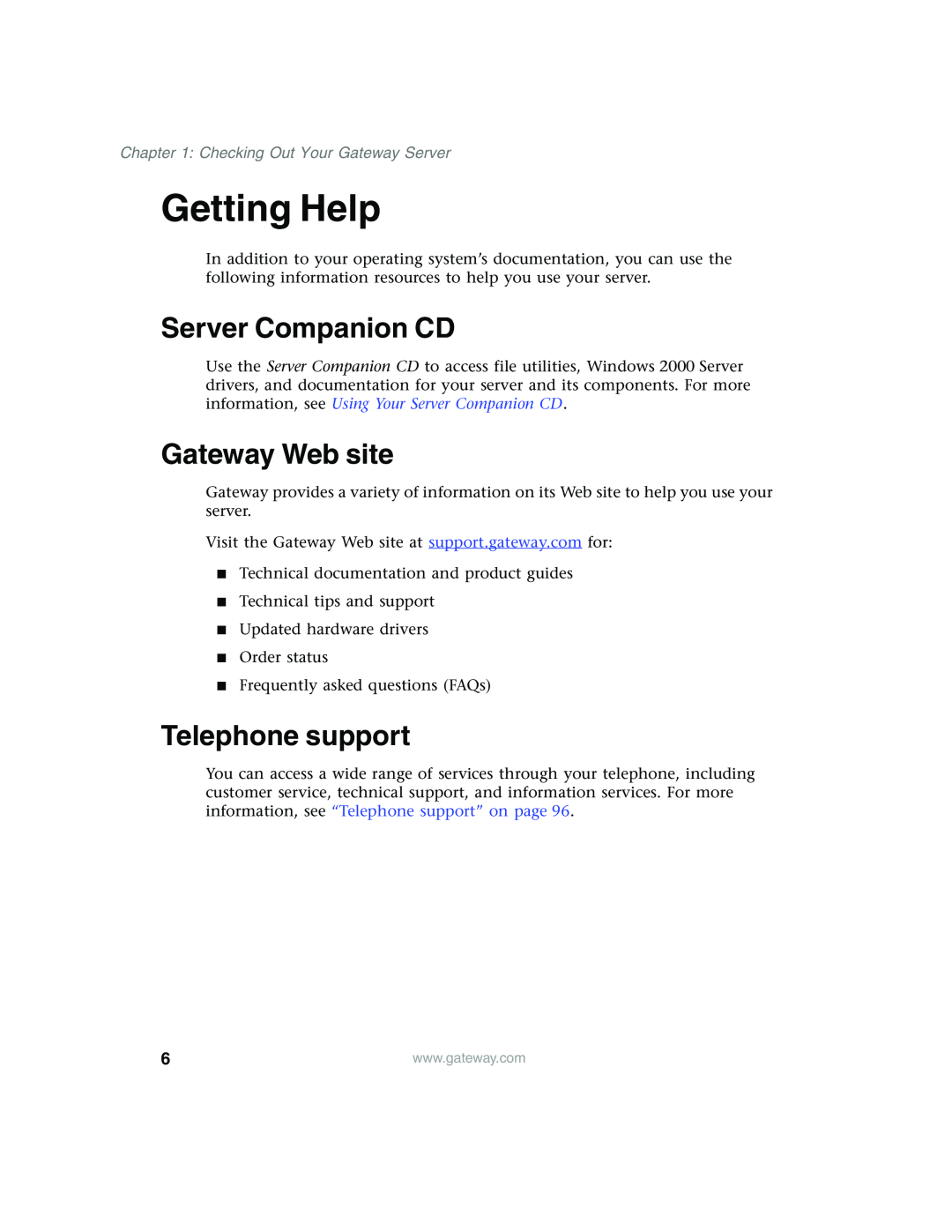 Gateway 955 manual Getting Help, Server Companion CD, Gateway Web site, Telephone support, Checking Out Your Gateway Server 