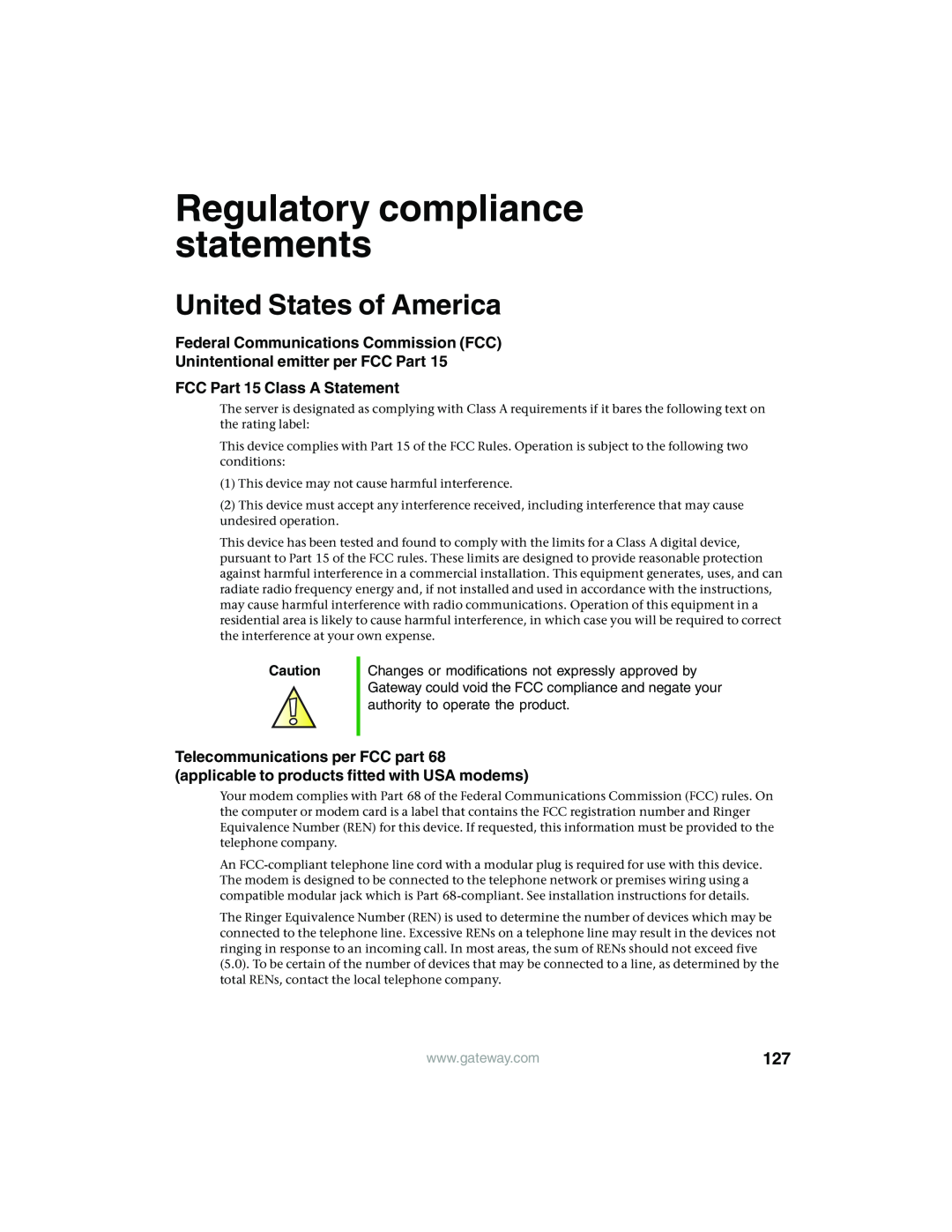 Gateway 955 manual Regulatory compliance statements, United States of America, Federal Communications Commission FCC 