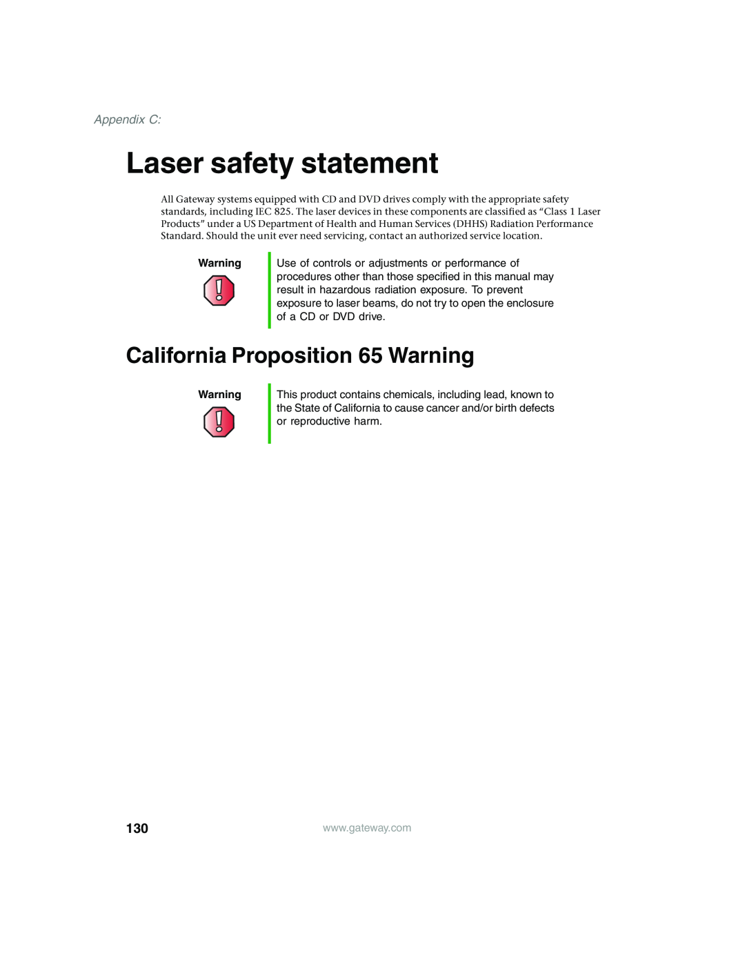 Gateway 955 manual Laser safety statement, California Proposition 65 Warning, Appendix C 