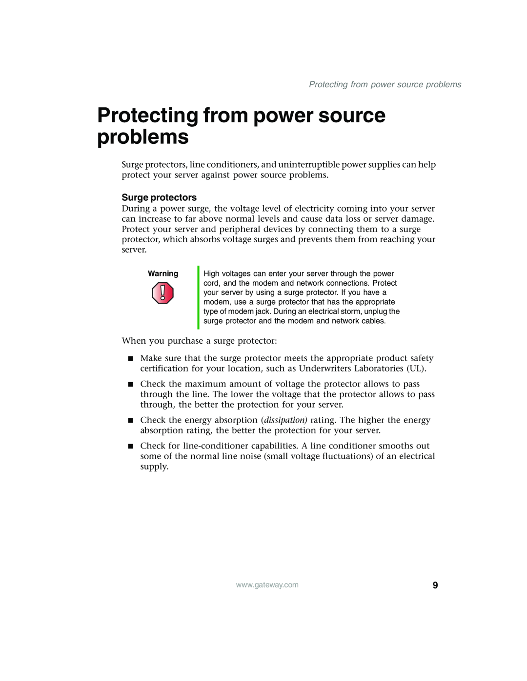 Gateway 955 manual Protecting from power source problems, Surge protectors 
