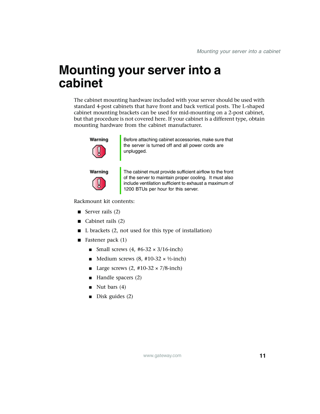 Gateway 955 manual Mounting your server into a cabinet 