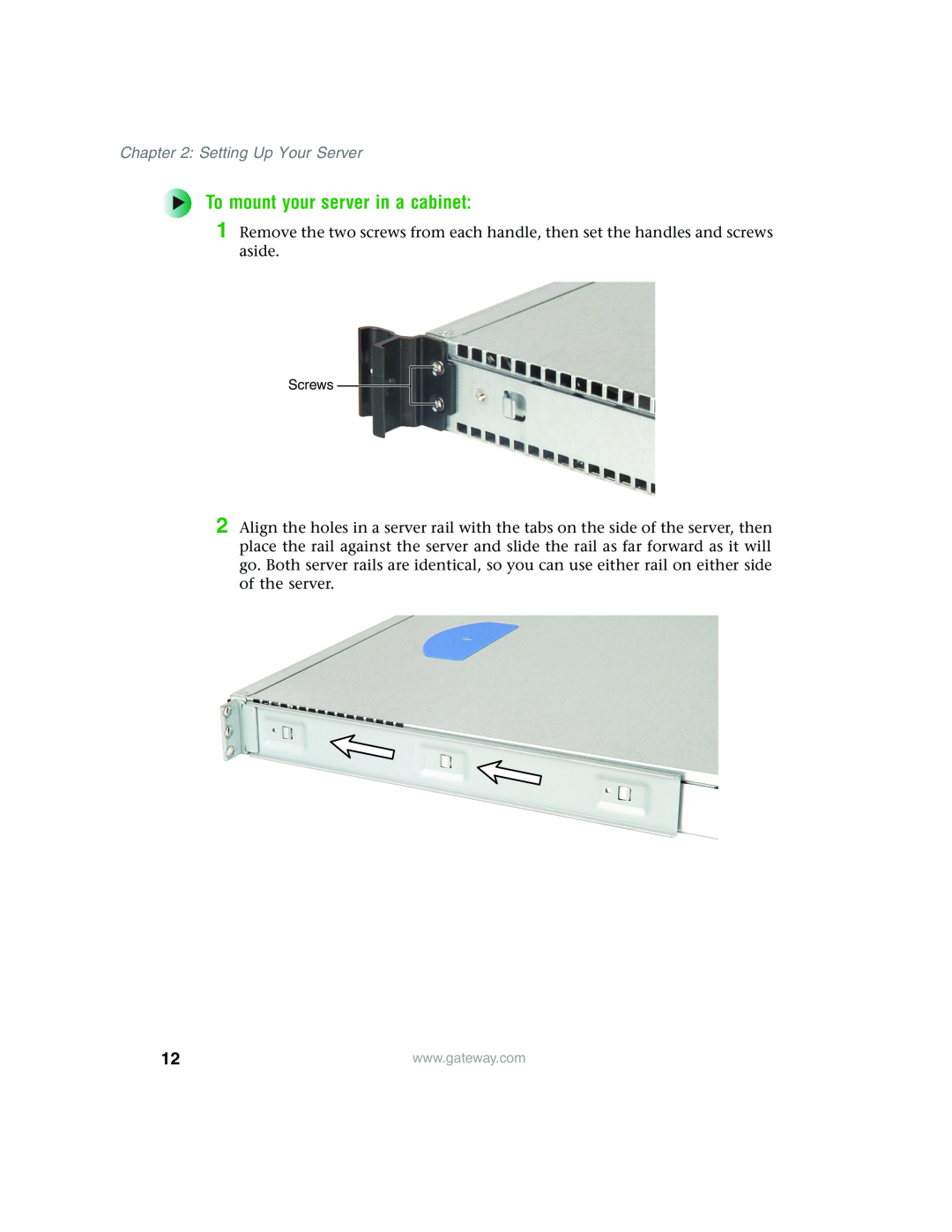 Gateway 955 manual To mount your server in a cabinet, Setting Up Your Server, Screws 
