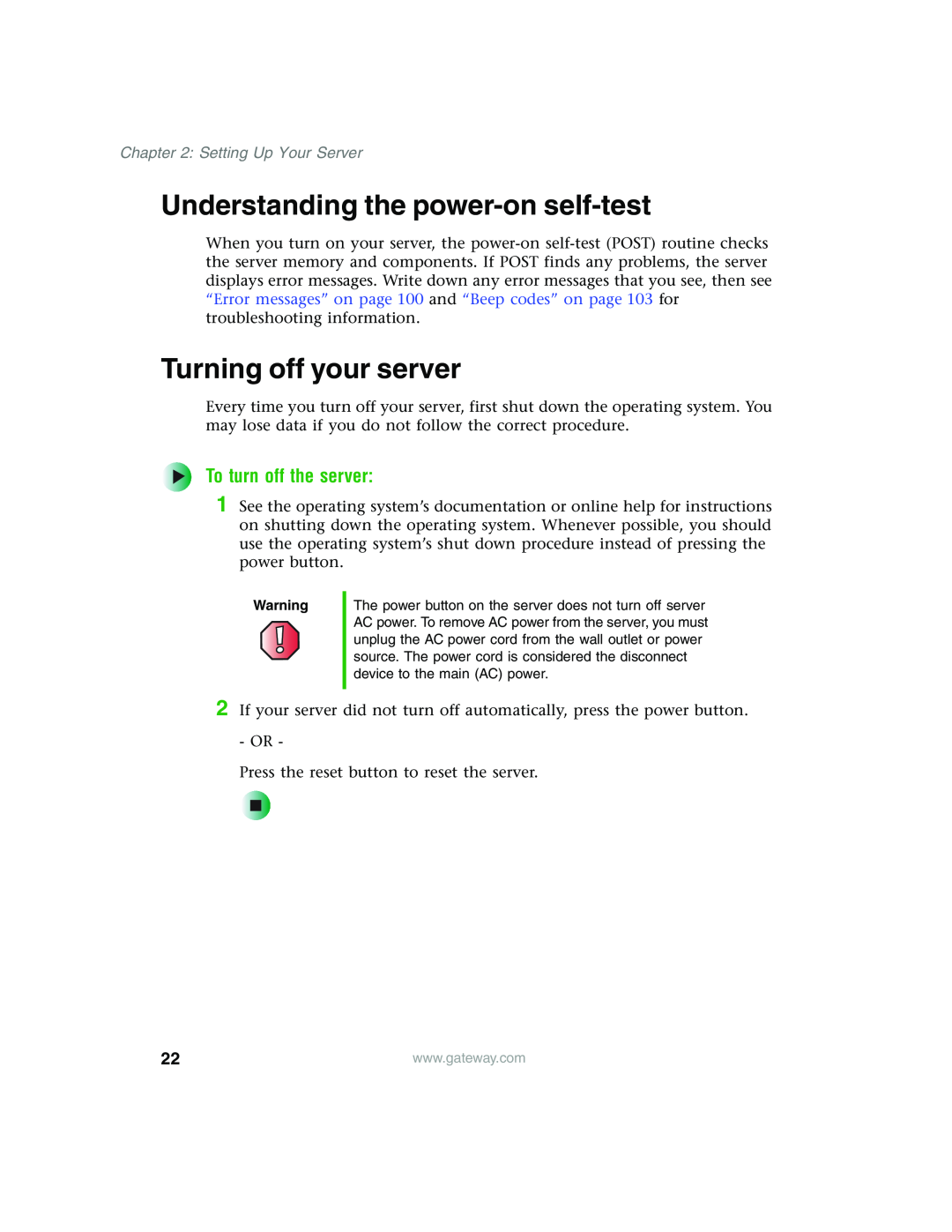 Gateway 955 Understanding the power-on self-test, Turning off your server, To turn off the server, Setting Up Your Server 