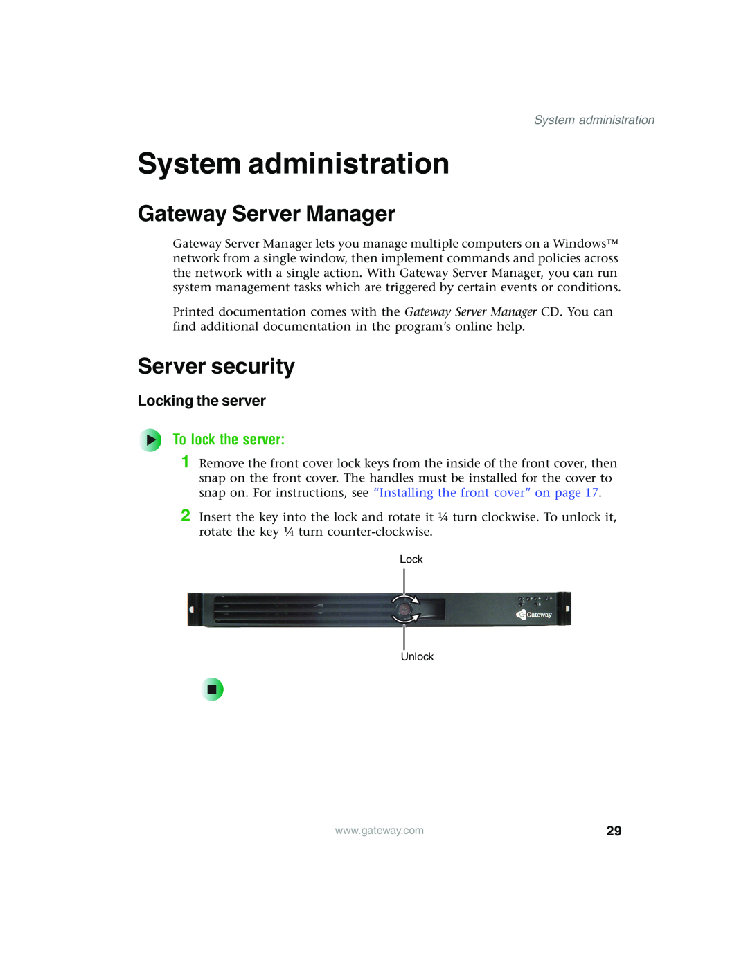 Gateway 955 manual System administration, Gateway Server Manager, Server security, Locking the server, To lock the server 