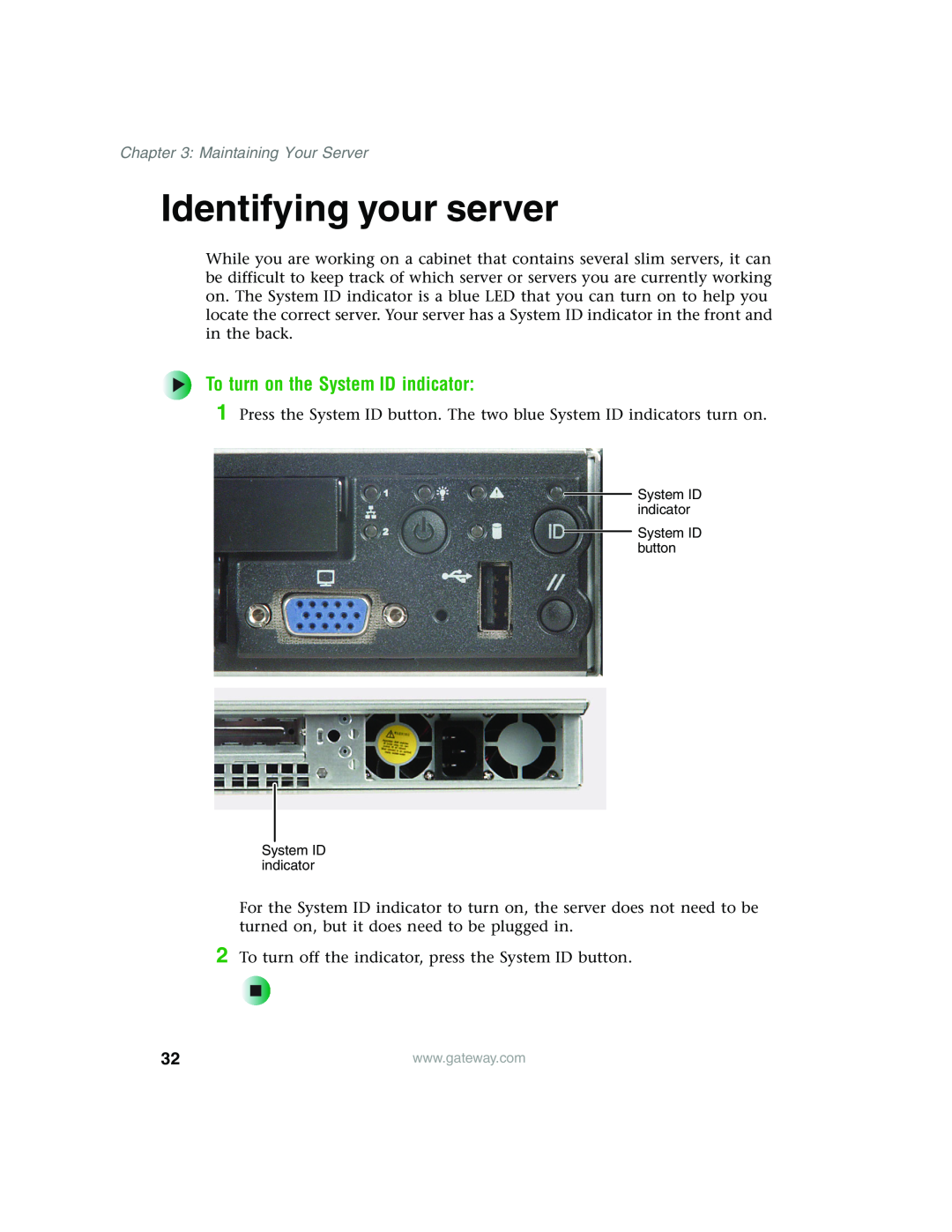 Gateway 955 manual Identifying your server, To turn on the System ID indicator, Maintaining Your Server 
