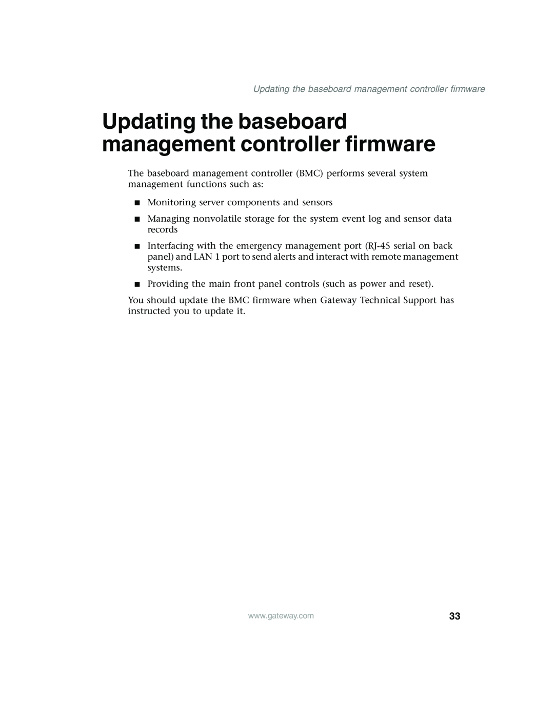 Gateway 955 manual Updating the baseboard management controller firmware 