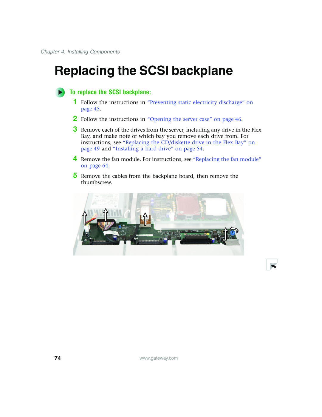 Gateway 955 manual Replacing the SCSI backplane, To replace the SCSI backplane, Installing Components 