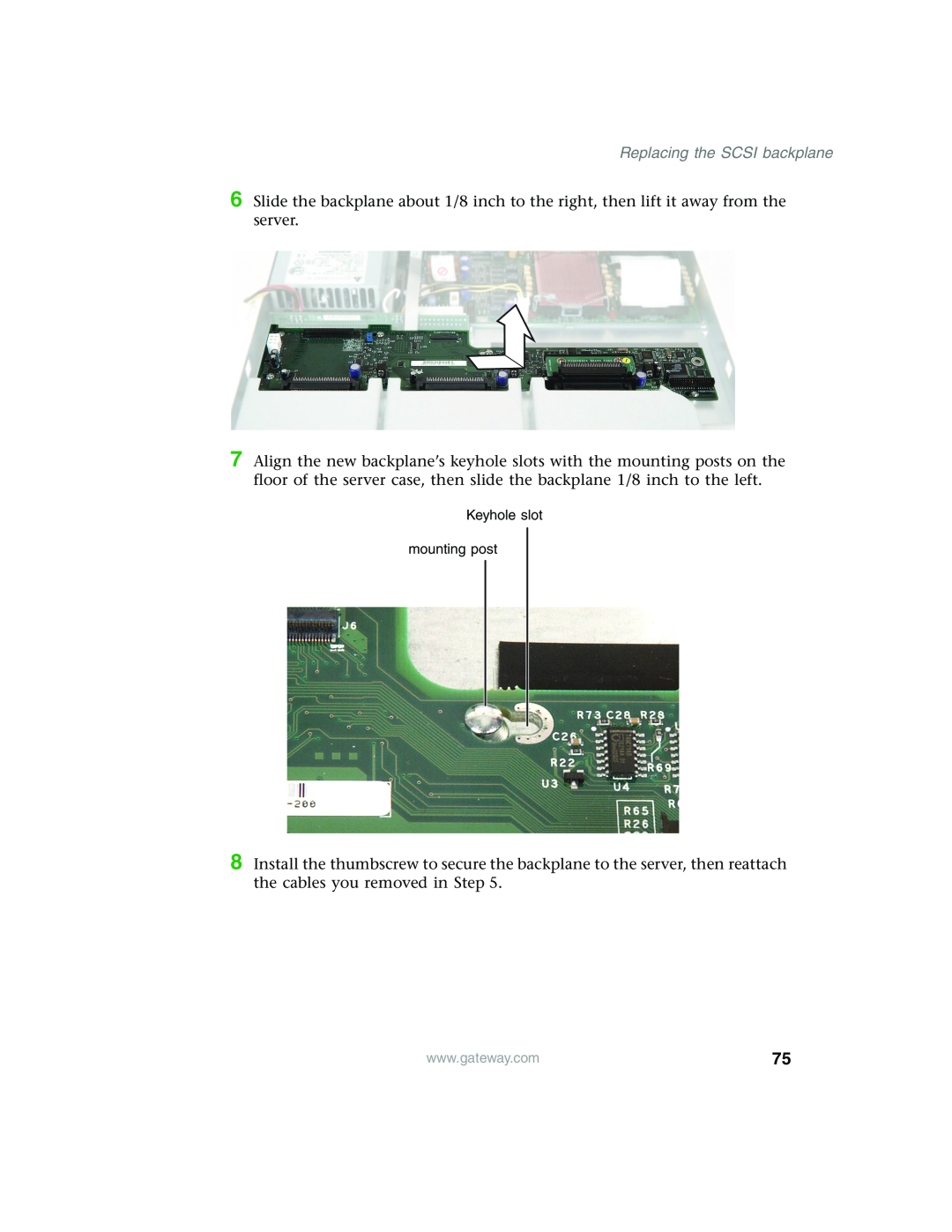 Gateway 955 manual Replacing the SCSI backplane, Keyhole slot mounting post 
