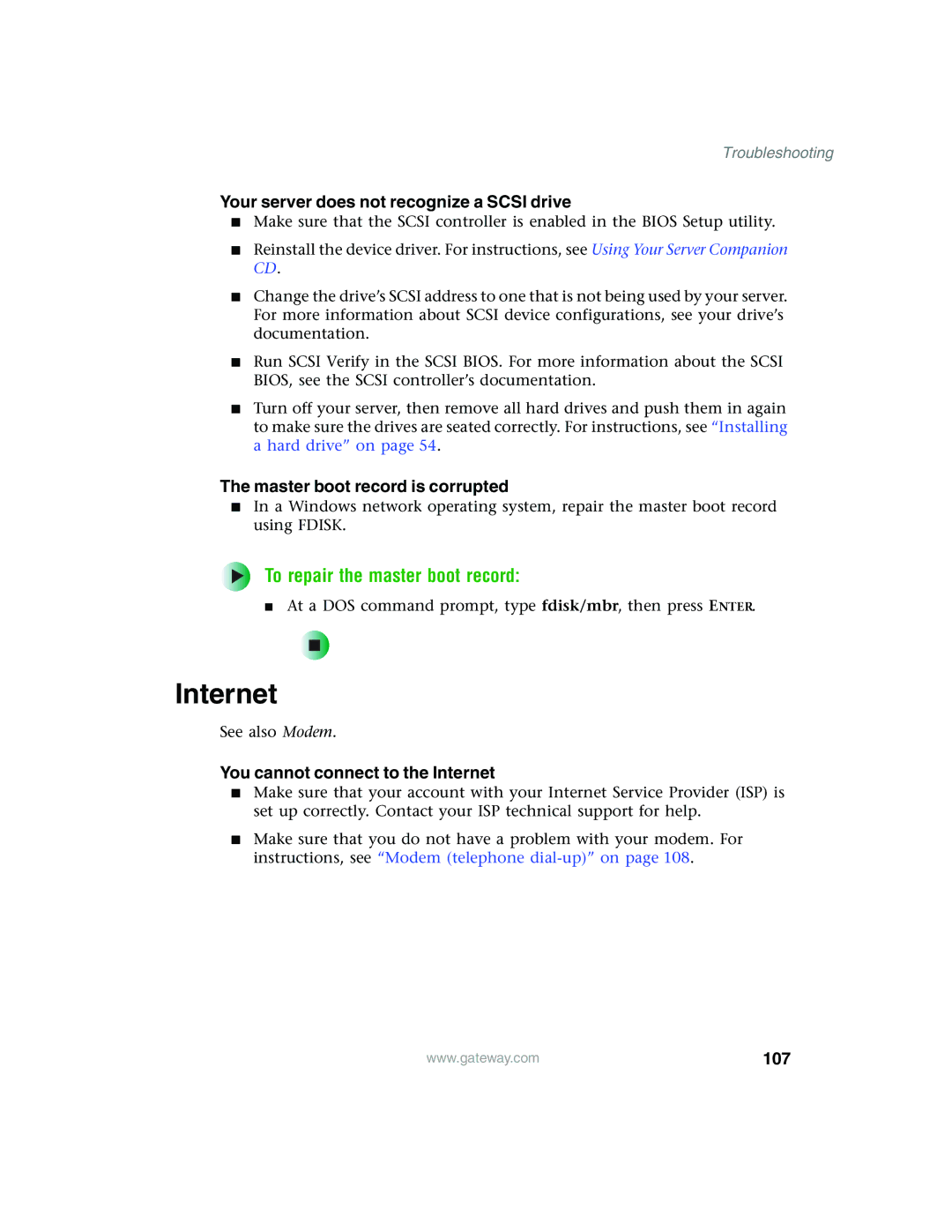 Gateway 955 manual Internet, To repair the master boot record, Your server does not recognize a Scsi drive 