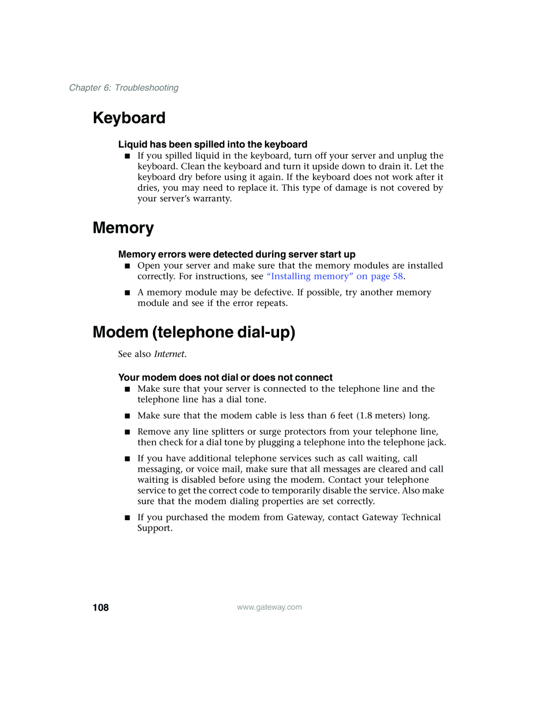 Gateway 955 manual Keyboard, Memory, Modem telephone dial-up 