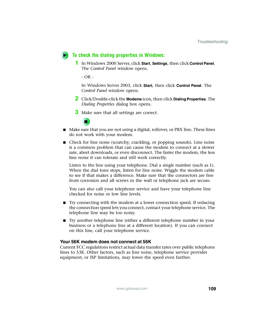 Gateway 955 manual To check the dialing properties in Windows, Your 56K modem does not connect at 56K 