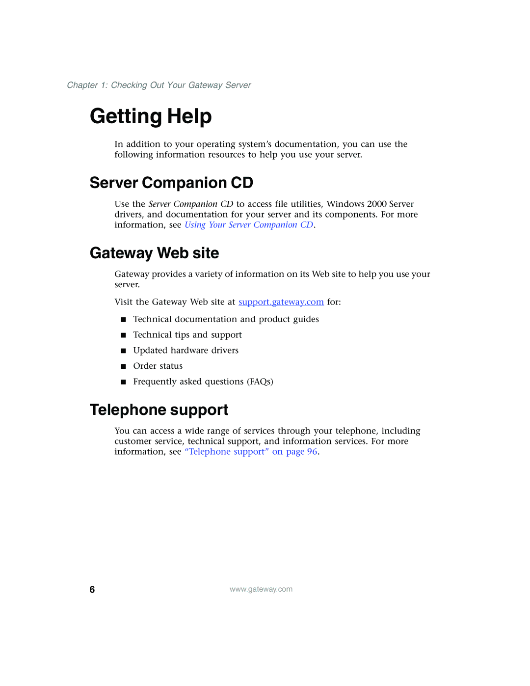 Gateway 955 manual Getting Help, Server Companion CD, Gateway Web site, Telephone support 