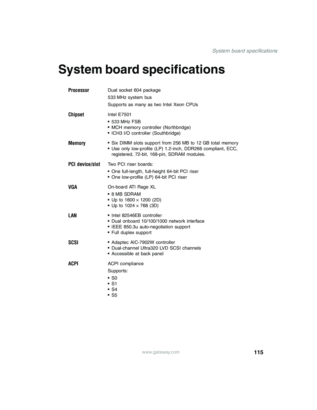 Gateway 955 manual System board specifications, Processor, Chipset, Memory, PCI device/slot 