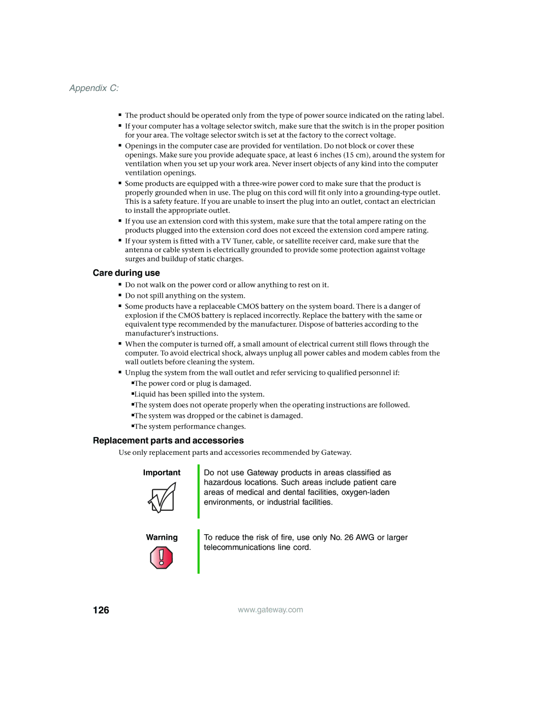 Gateway 955 manual Care during use, Replacement parts and accessories 