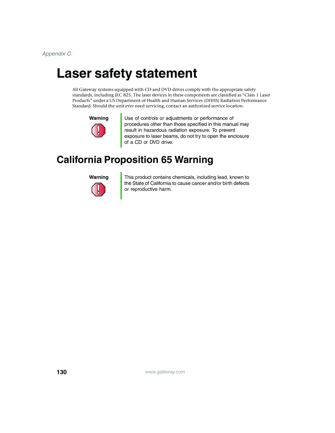 Gateway 955 manual Laser safety statement, California Proposition 65 Warning 