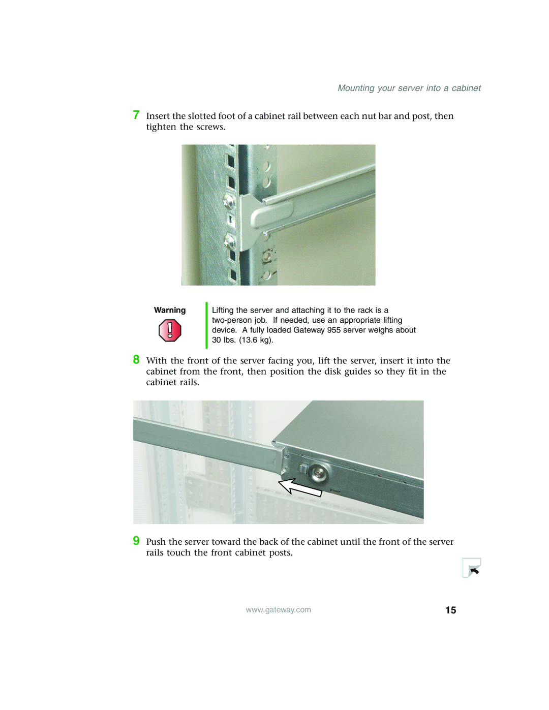 Gateway 955 manual Mounting your server into a cabinet 