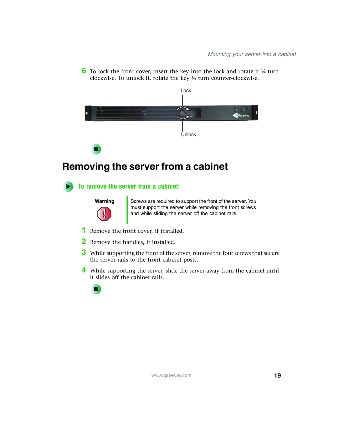 Gateway 955 manual Removing the server from a cabinet, To remove the server from a cabinet 