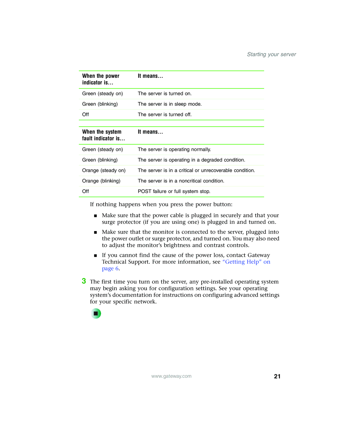 Gateway 955 manual When the power It means Indicator is, When the system It means Fault indicator is 