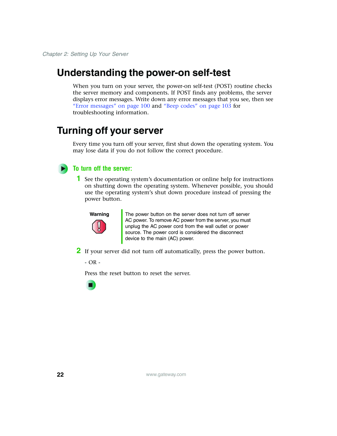 Gateway 955 manual Understanding the power-on self-test, Turning off your server, To turn off the server 