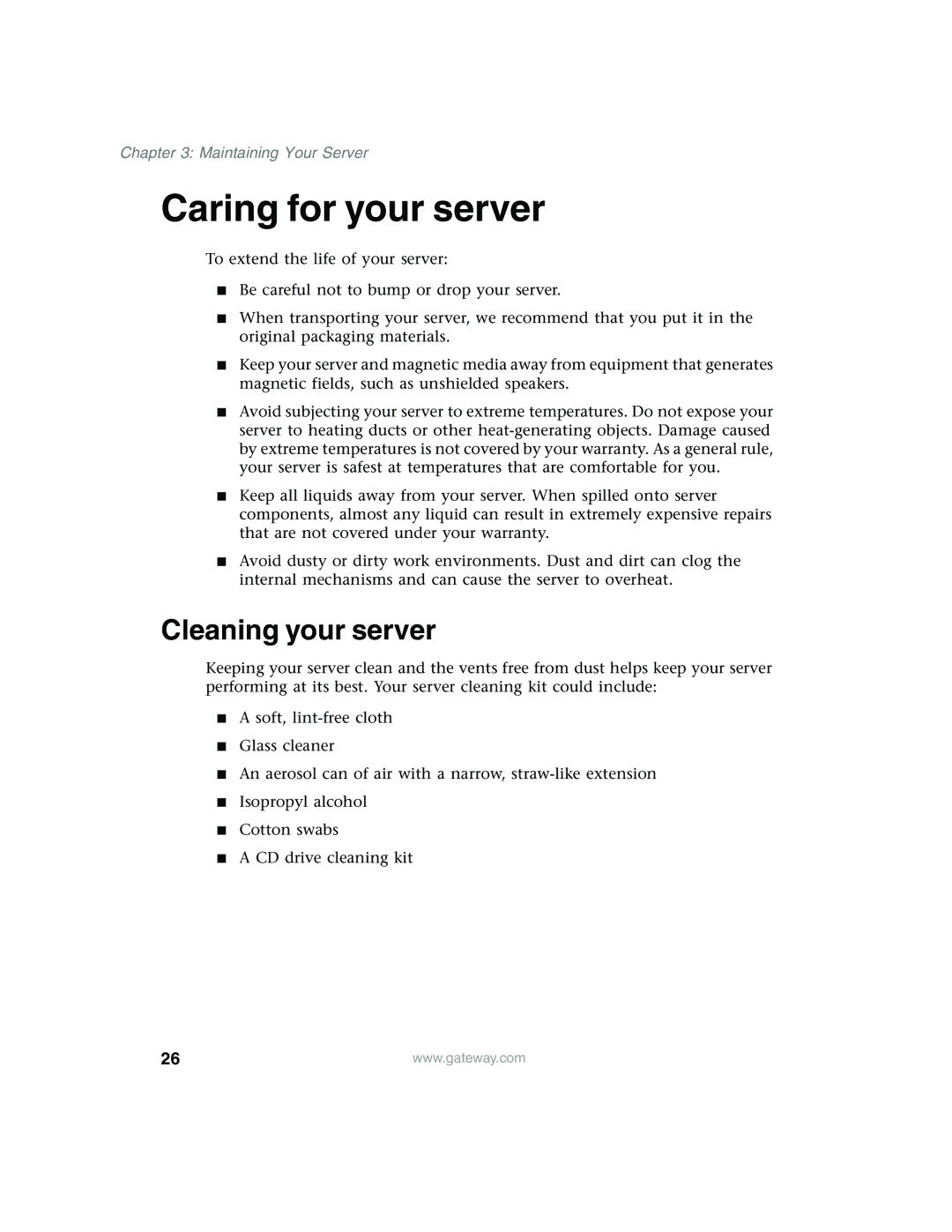 Gateway 955 manual Caring for your server, Cleaning your server 