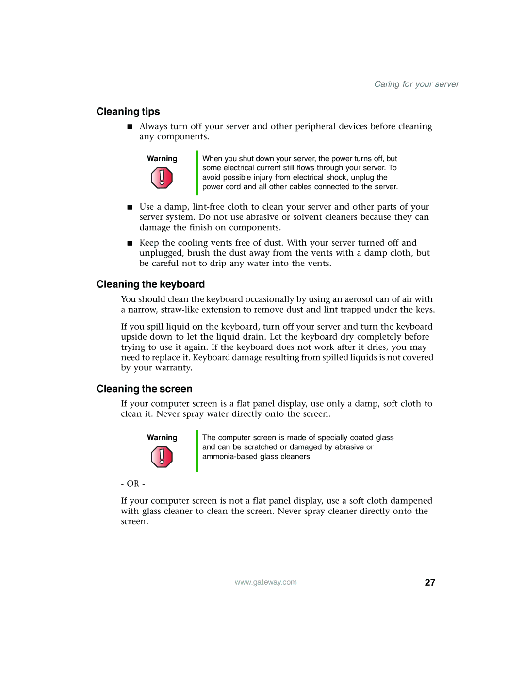 Gateway 955 manual Cleaning tips 