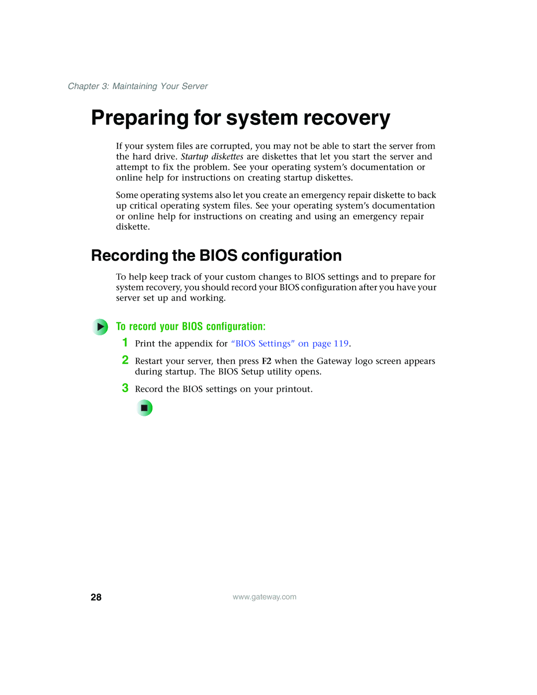 Gateway 955 manual Preparing for system recovery, Recording the Bios configuration, To record your Bios configuration 