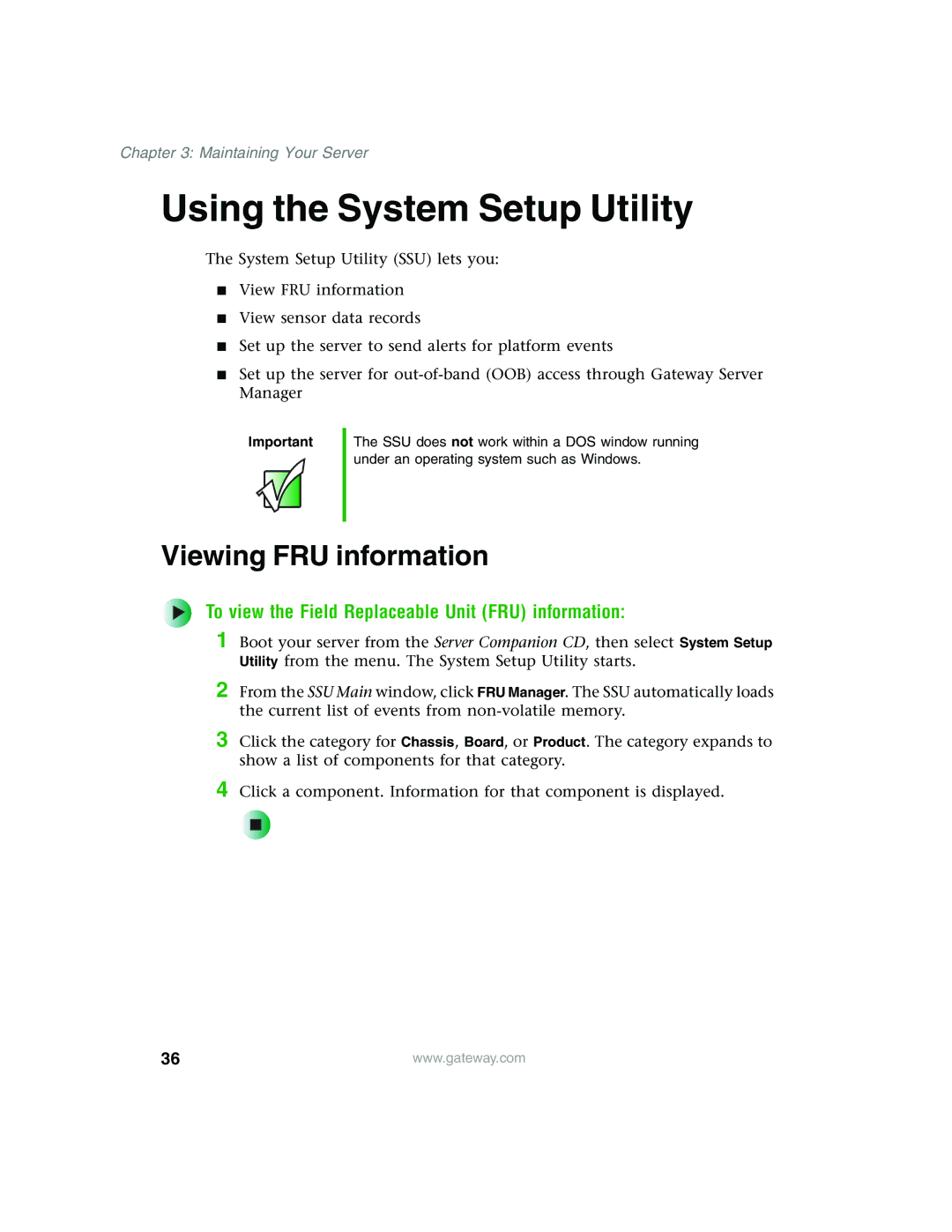 Gateway 955 Using the System Setup Utility, Viewing FRU information, To view the Field Replaceable Unit FRU information 