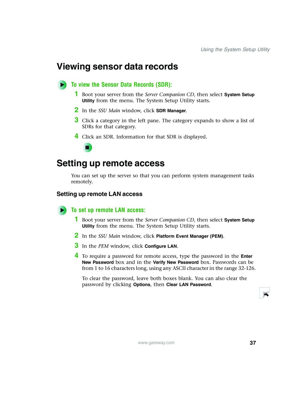 Gateway 955 manual Viewing sensor data records, Setting up remote access, To view the Sensor Data Records SDR 