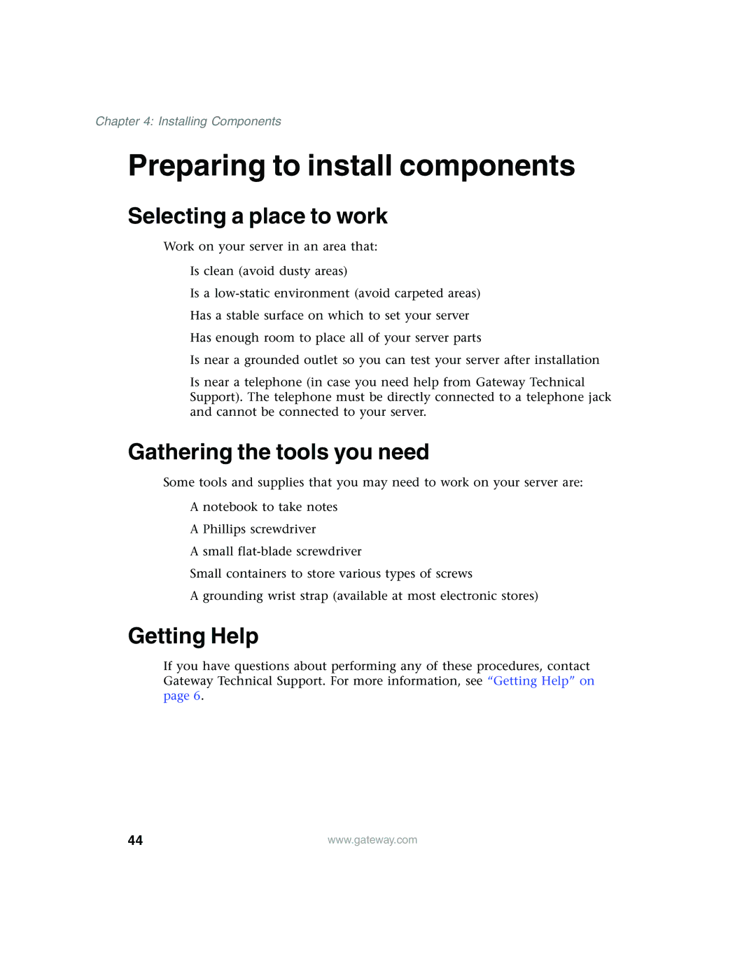 Gateway 955 manual Preparing to install components, Selecting a place to work, Gathering the tools you need, Getting Help 