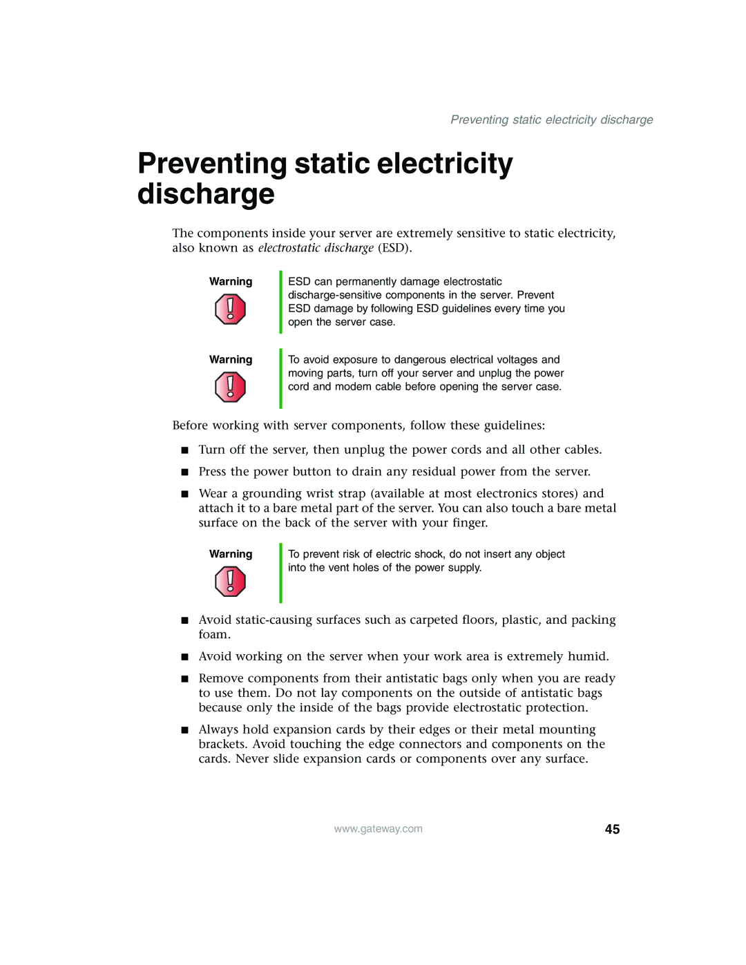 Gateway 955 manual Preventing static electricity discharge 