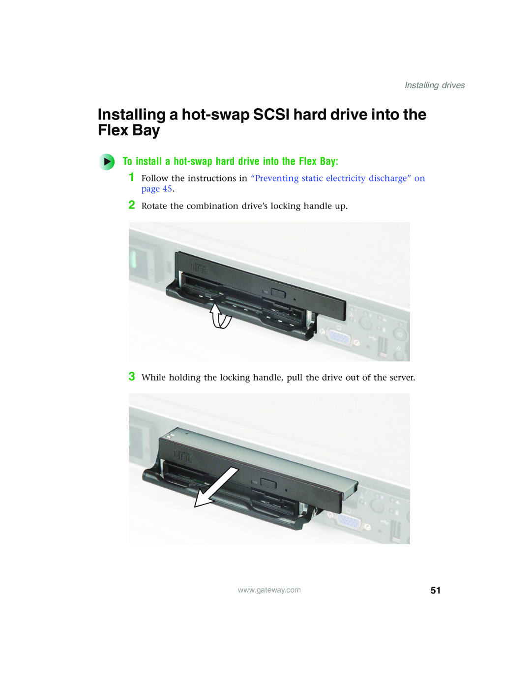 Gateway 955 Installing a hot-swap Scsi hard drive into the Flex Bay, To install a hot-swap hard drive into the Flex Bay 