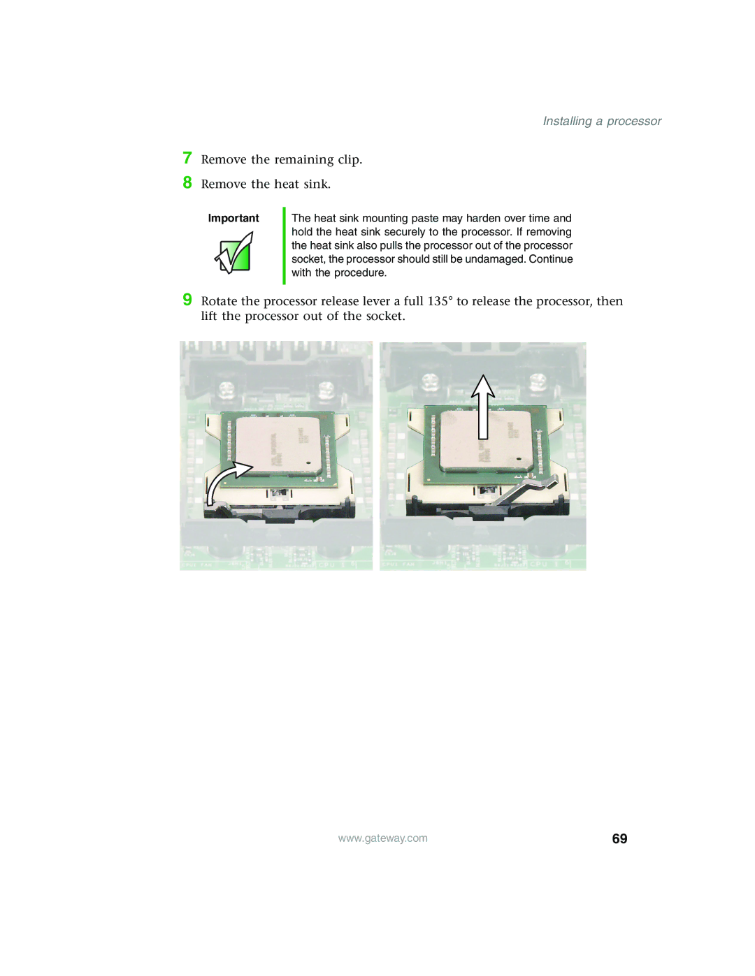 Gateway 955 manual Remove the remaining clip Remove the heat sink 