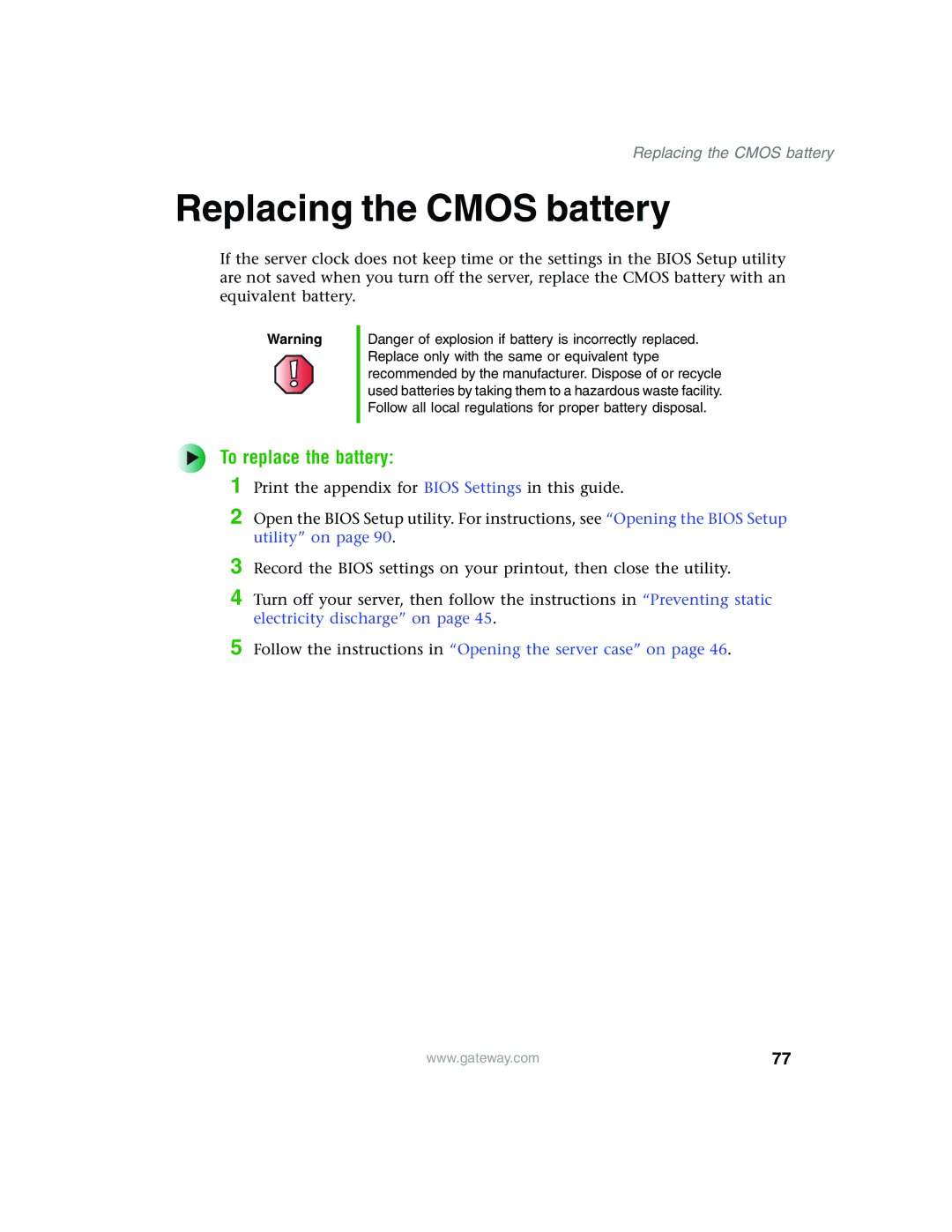 Gateway 955 manual Replacing the Cmos battery, To replace the battery 