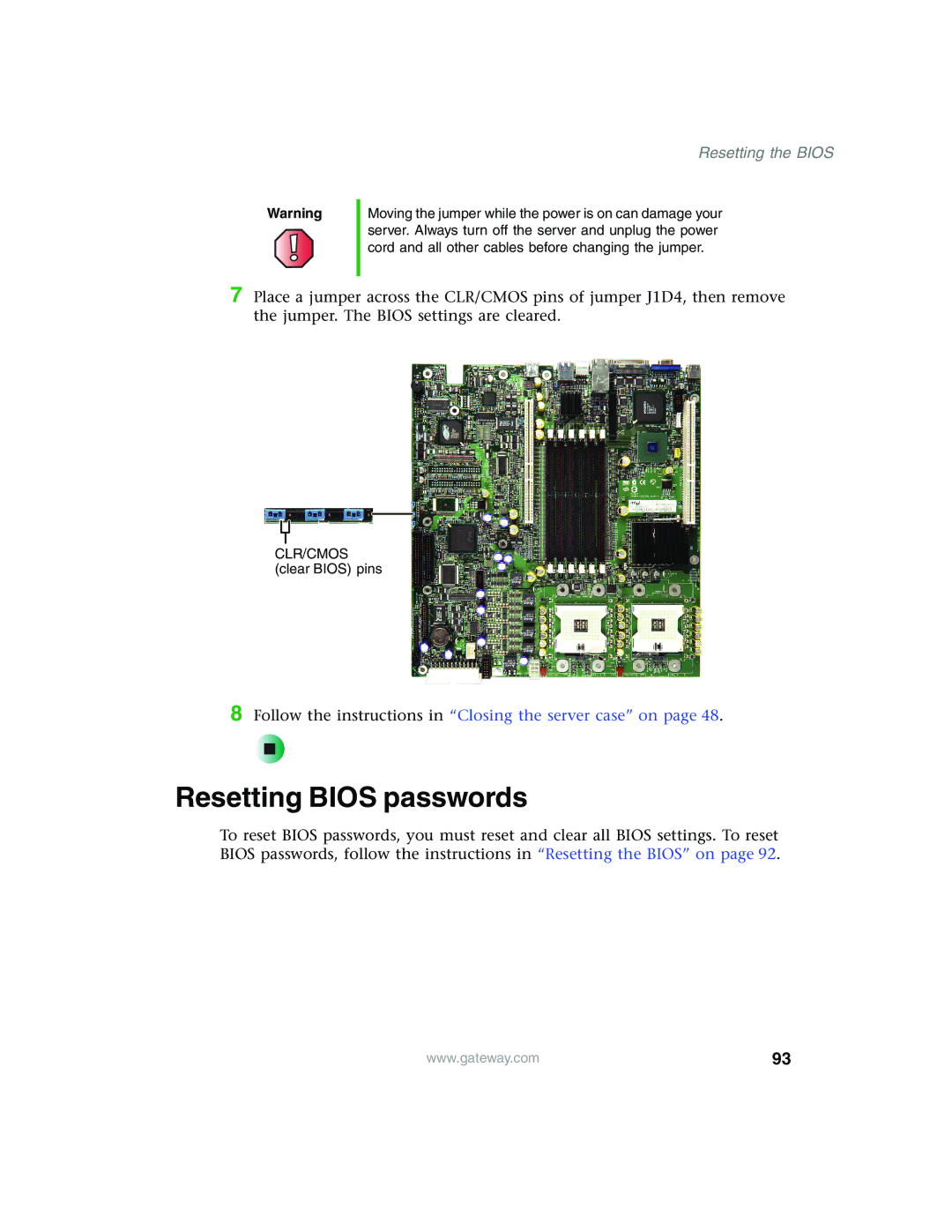 Gateway 955 manual Resetting Bios passwords, Resetting the Bios 