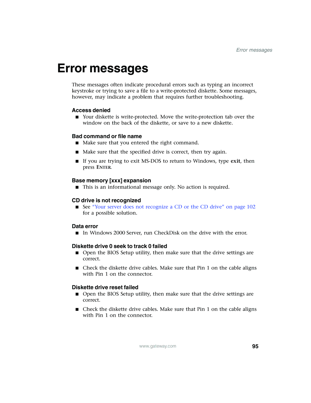 Gateway 960 manual Error messages 